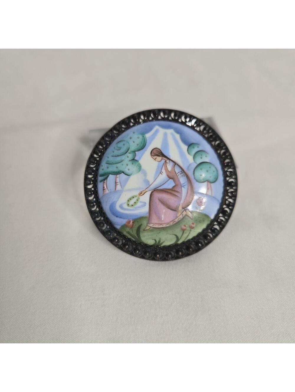 Vintage Art Deco Style Porcelain Brooch Scenic Woman Painted Pin Ornate Russian